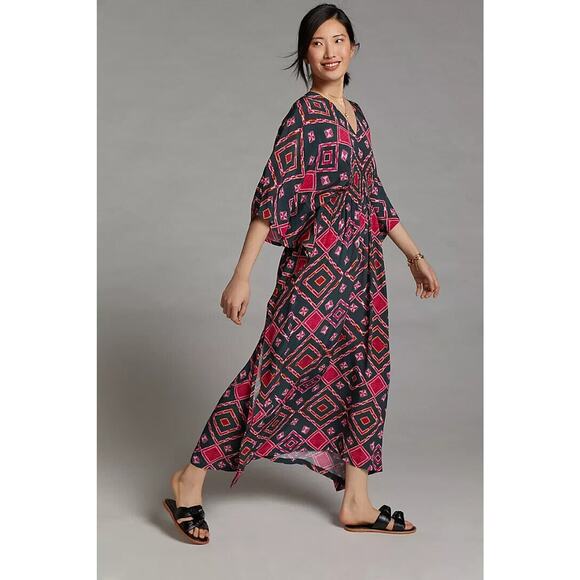 ANTHROPOLOGIE RUJUTA SHETH Marie Cinched Caftan in Black Red Diamond Print - Picture 4 of 15